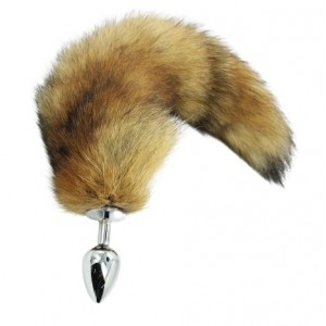 Металлическая анальная пробка с лисьим хвостиком из натурального меха L (иной угол)