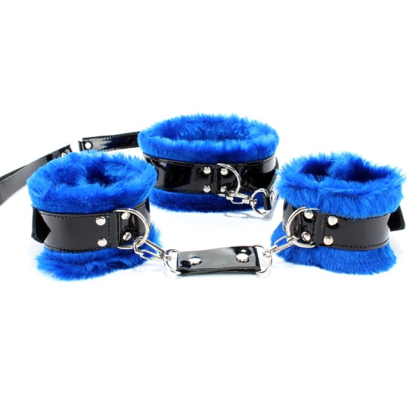 Набор с искусственным синим  мехом BDSM Light: ошейник и наручники