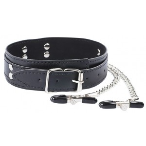 Черный мягкий ошейник с зажимами для сосков (иной угол)