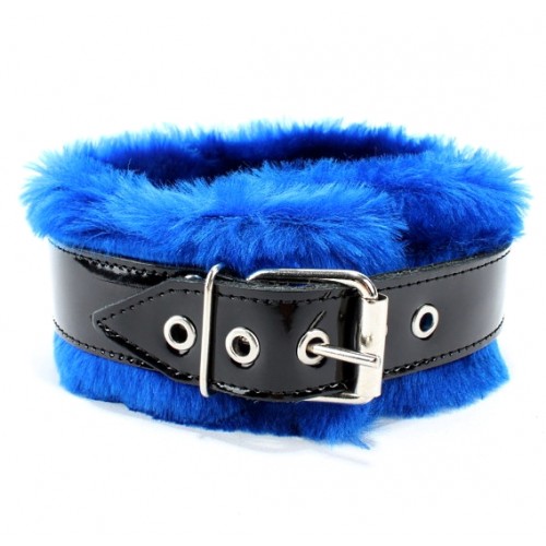 Набор с искусственным синим  мехом BDSM Light: ошейник и наручники