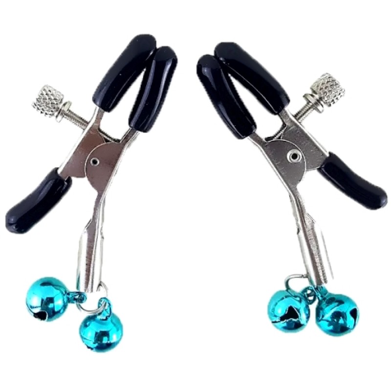 Зажимы для сосков с двойным бубенчиком голубые