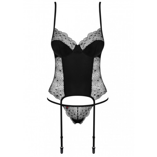 Черный корсет с кружевными вставками и трусиками-стрингами Sharlotte S/M