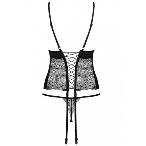 Черный корсет с кружевными вставками и трусиками-стрингами Sharlotte S/M