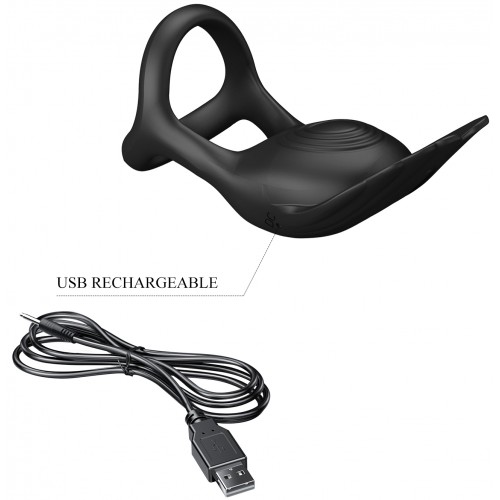 Перезаряжаемое эрекционное виброкольцо Pretty Love Vibrant Penis Ring Silas с петлей на мошонку черное