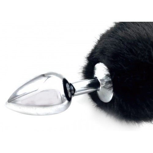 Анальная пробка из металла с черным хвостиком кролика