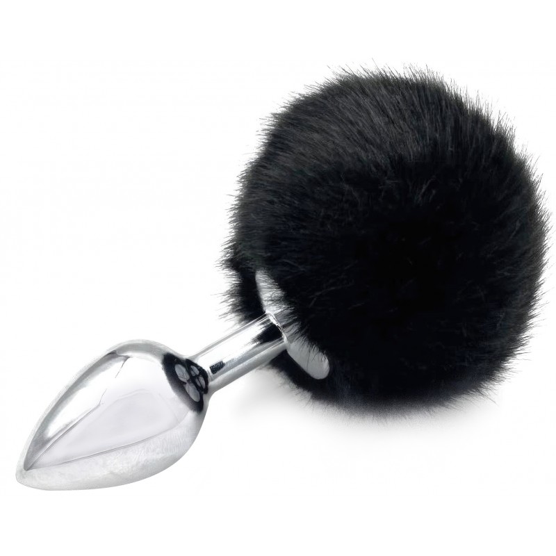 Анальная пробка из металла с черным хвостиком кролика