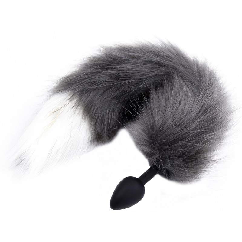 Силиконовая анальная втулка с серо-белым хвостиком Furry Fox