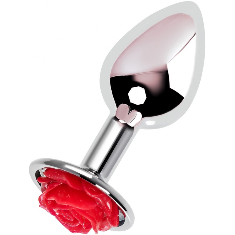 Анальная втулка Metal by TOYFA, металл, серебристая с красной розочкой, 8 см, Ø 2,7 см, 48 г