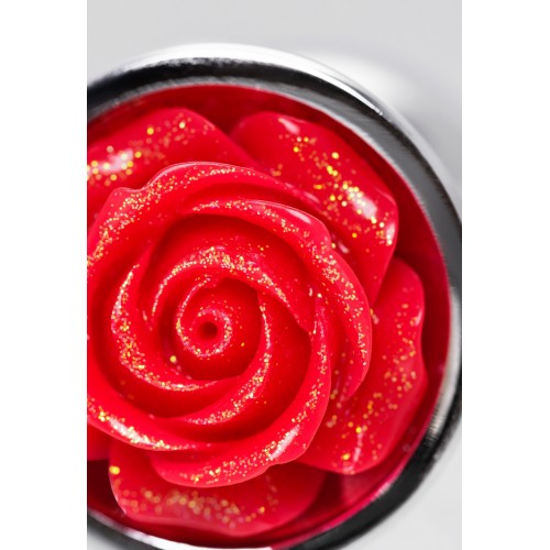 Анальная втулка Metal by TOYFA, металл, серебристая с красной розочкой, 8 см, Ø 2,7 см, 48 г