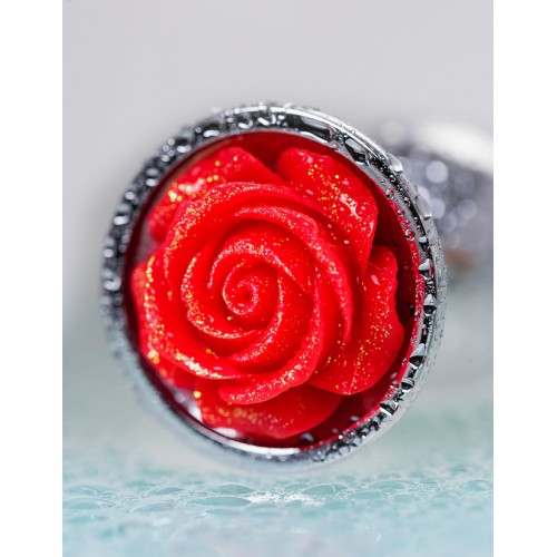 Анальная втулка Metal by TOYFA, металл, серебристая с красной розочкой, 8 см, Ø 2,7 см, 48 г