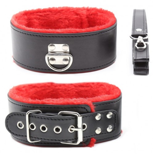 Чёрный ошейник с красным искусственным мехом и поводком
