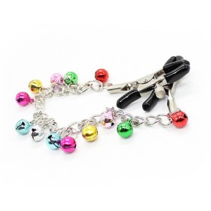 Зажимы для сосков на крупной цепочке с разноцветными бубенчиками (иной угол)