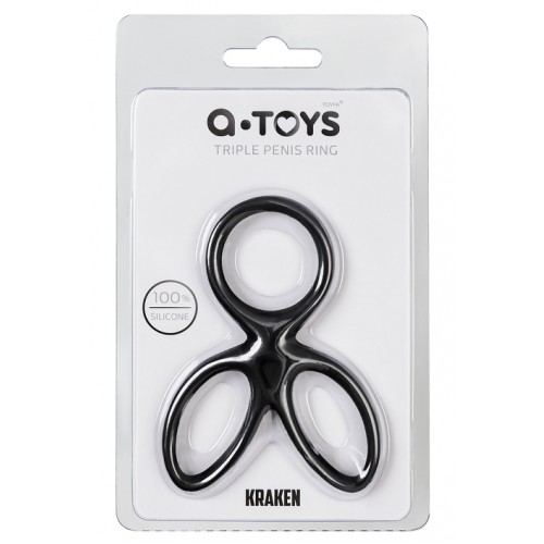Тройное кольцо на пенис A-TOYS KRAKEN, силикон, черный, 10 см