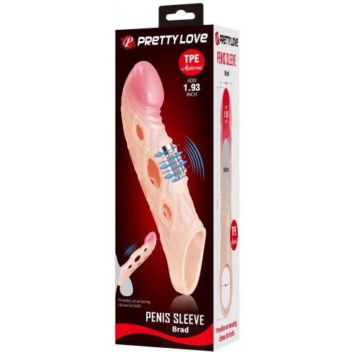 Увеличивающая вибронасадка на пенис с петлей под мошонку телесного цвета Penis Sleeve Brad + 5 см