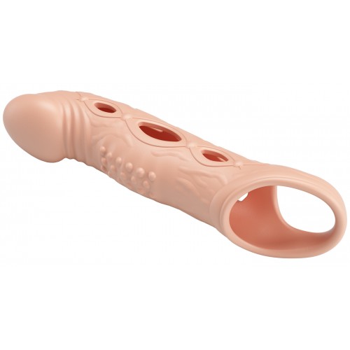 Увеличивающая вибронасадка на пенис с петлей под мошонку телесного цвета Penis Sleeve Brad + 5 см