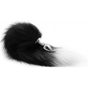 Металлическая анальная пробка с черно-белым хвостиком 47 см (иной угол)