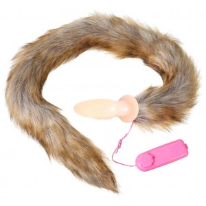 Анальная пробка с вибрацией и длинным бурым хвостиком 75 см (иной угол)