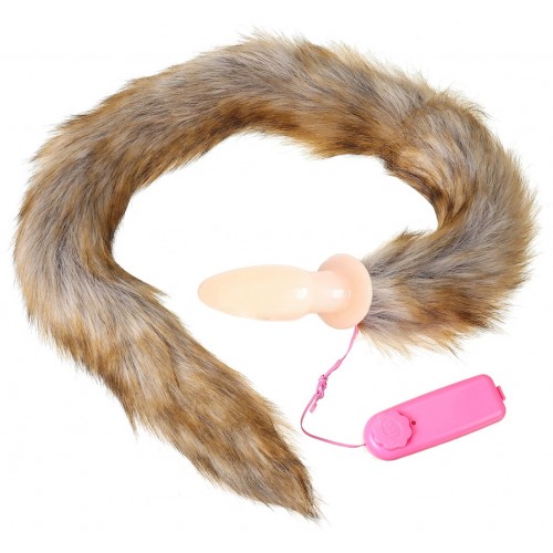 Анальная пробка с вибрацией и длинным бурым хвостиком 75 см