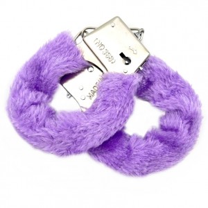 Фиолетовые металлические наручники с мехом (иной угол)