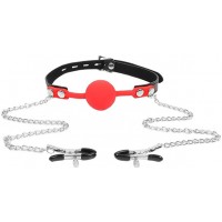 Красный кляп с зажимами для сосков и замочком Notabu