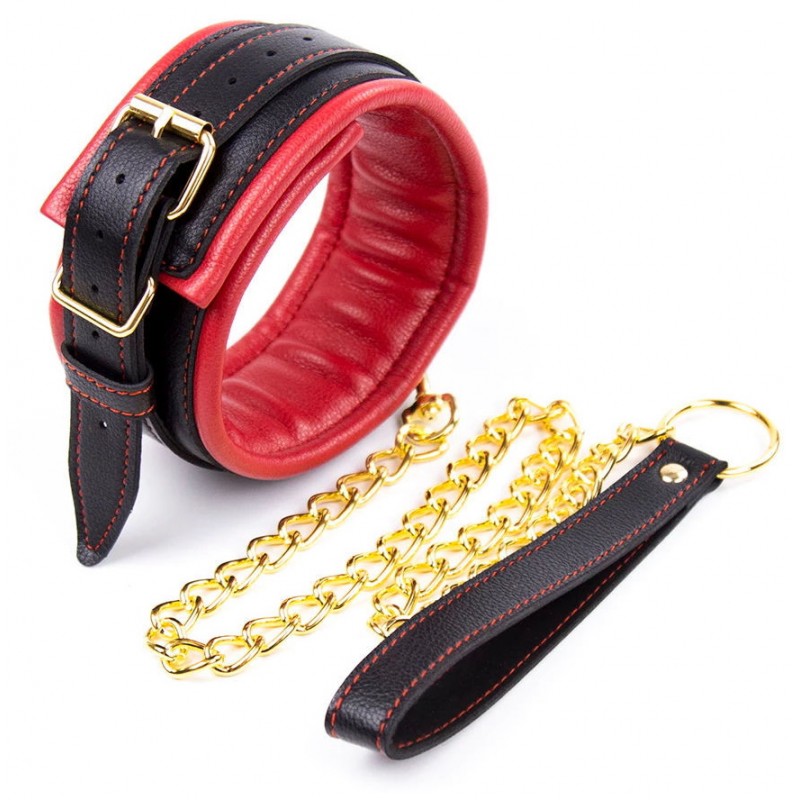 Мягкий чёрно-красный ошейник с поводком