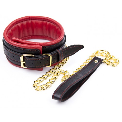 Мягкий чёрно-красный ошейник с поводком