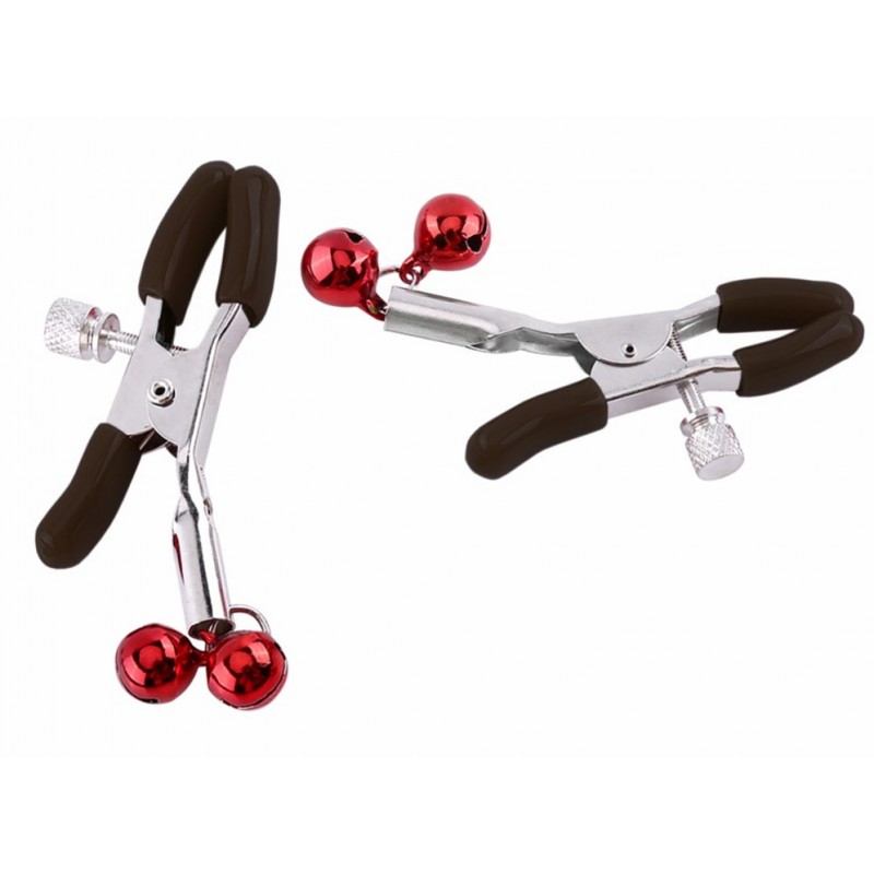 Зажимы для сосков с двойным бубенчиком черно-красные