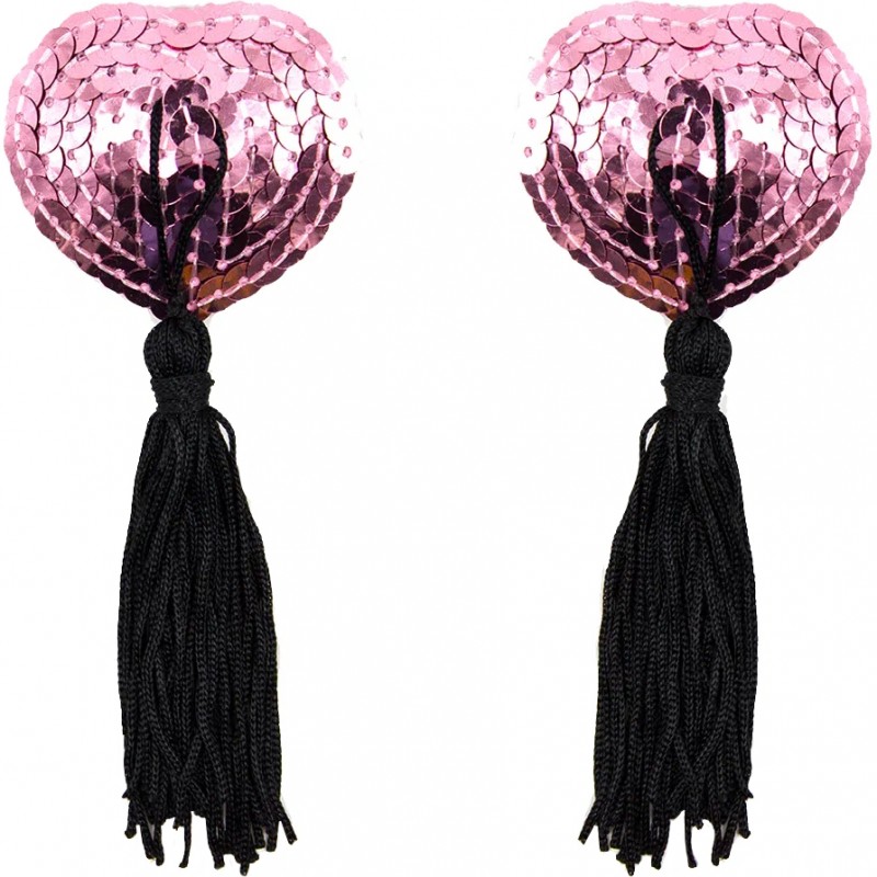 Розовые пэстисы для груди с пайетками и черными кисточками