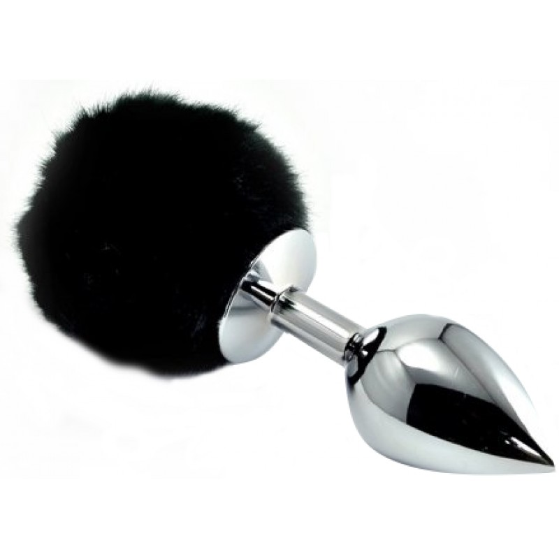 Анальная пробка с черным хвостиком кролика Small Silver Plug