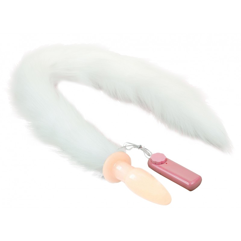 Анальная пробка с вибрацией и длинным белым хвостиком 75 см