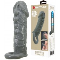 Увеличивающая насадка на пенис со стимулирующим рельефом Realistic Penis Sleeve + 3 см серая