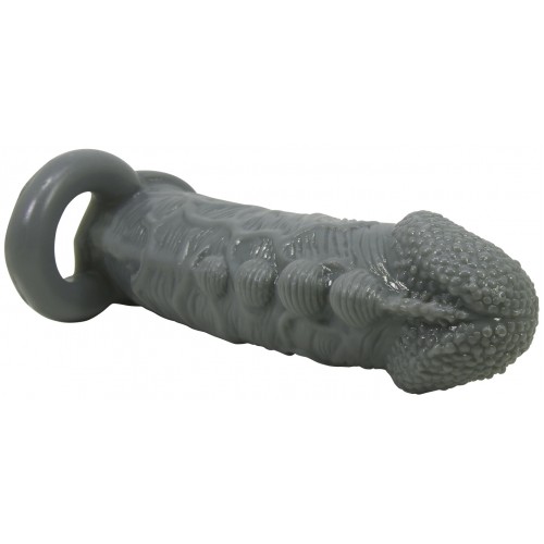 Увеличивающая насадка на пенис со стимулирующим рельефом Realistic Penis Sleeve + 3 см серая