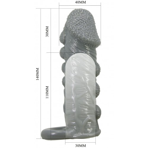Увеличивающая насадка на пенис со стимулирующим рельефом Realistic Penis Sleeve + 3 см серая
