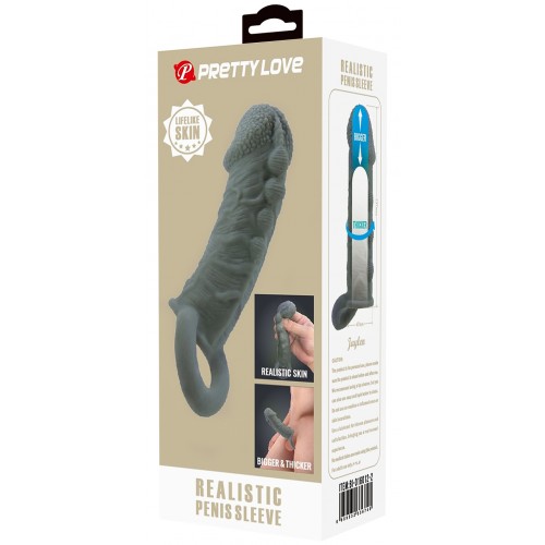 Увеличивающая насадка на пенис со стимулирующим рельефом Realistic Penis Sleeve + 3 см серая