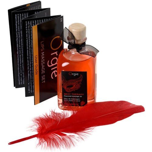 Комплект для сладких игр Orgie Lips Massage со вкусом клубники (массажное масло для поцелуев, перо и руководство), 100 мл