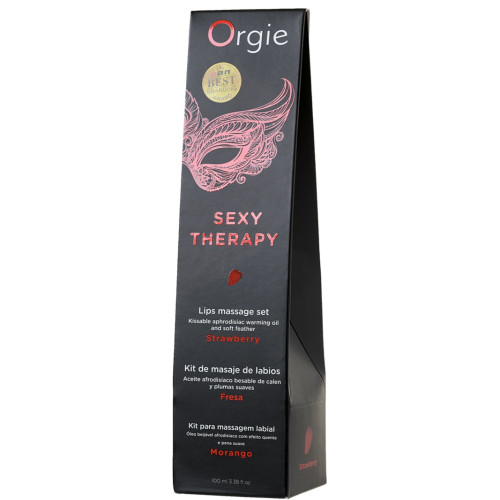 Комплект для сладких игр Orgie Lips Massage со вкусом клубники (массажное масло для поцелуев, перо и руководство), 100 мл