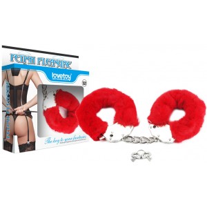 Красные металлические наручники с мехом Fetish Pleasure