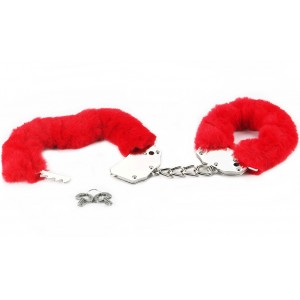 Красные металлические наручники с мехом Fetish Pleasure (иной угол)
