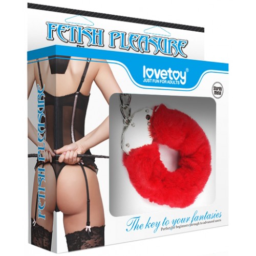 Красные металлические наручники с мехом Fetish Pleasure