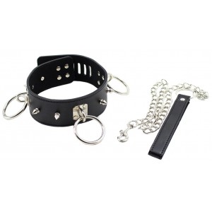 Черный ошейник с кольцами на поводке (иной угол)