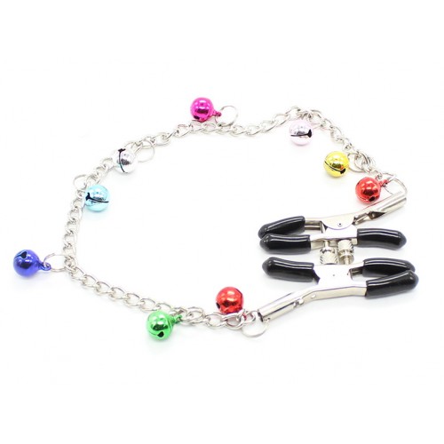 Зажимы для сосков с цепочкой и разноцветными бубенчиками