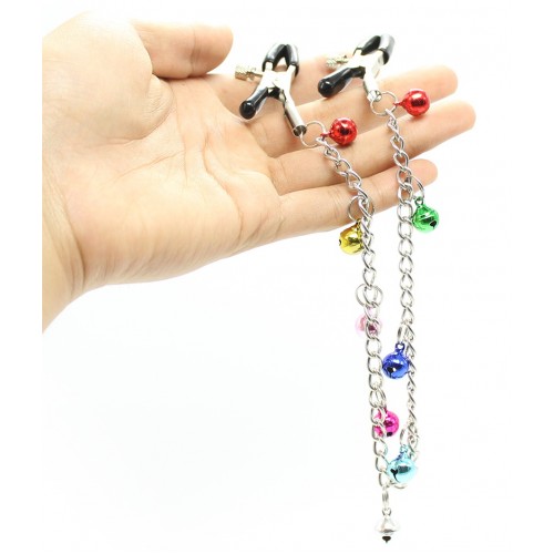 Зажимы для сосков с цепочкой и разноцветными бубенчиками