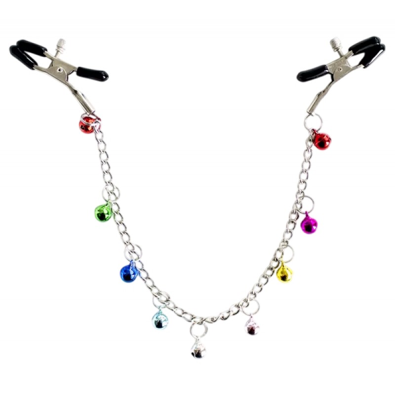 Зажимы для сосков с цепочкой и разноцветными бубенчиками