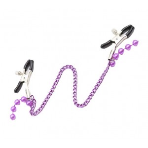 Фиолетовые длинные зажимы для сосков с бусинками (иной угол)