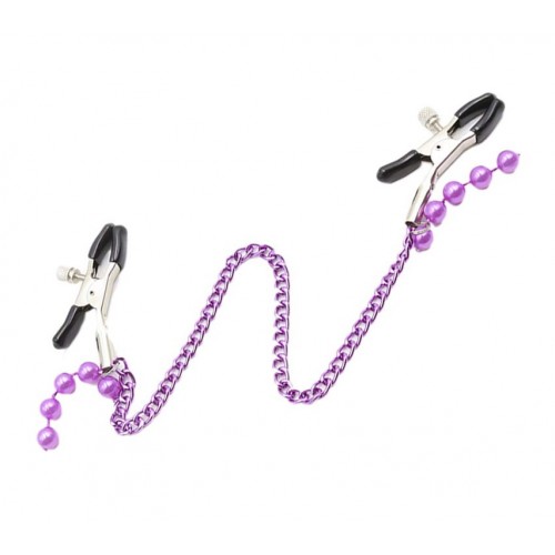 Фиолетовые длинные зажимы для сосков с бусинками