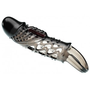 Увеличивающая вибронасадка на пенис с петлей под мошонку черного цвета Penis Sleeve Cecelia + 2,5 см (иной угол)