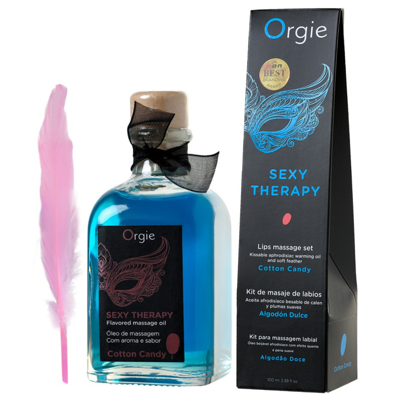 Комплект для сладких игр Orgie Lips Massage со вкусом сахарной ваты (массажное масло для поцелуев, перо и руководство), 100 мл