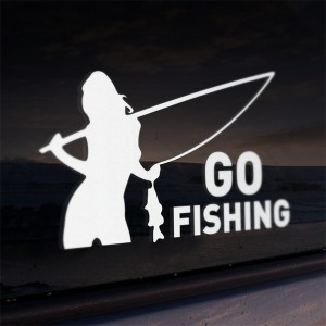 Виниловая наклейка на авто белая Go Fishing (иной угол)