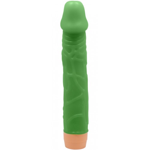 Светящийся в темноте зеленый вибратор с загнутой головкой Bill 23 см