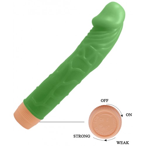 Светящийся в темноте зеленый вибратор с загнутой головкой Bill 23 см